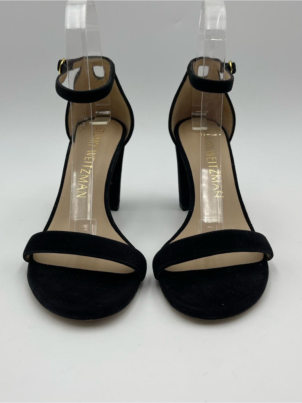 Stuart Weitzman SZ 8 Nearlynude Block Heels Sandals Luxe Black Suede  MSRP $630